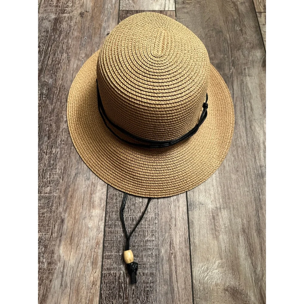 NEW Simplicity Beige Straw Sun Hat with Black Band One Size
